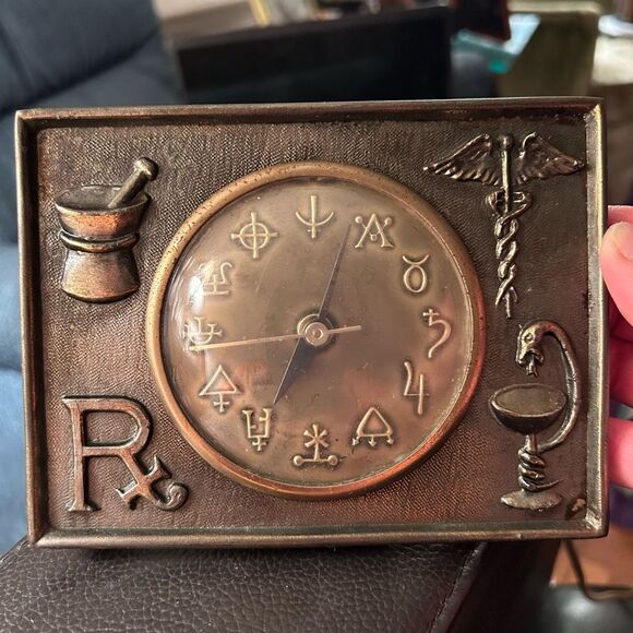 Vintage 1960s KLEIN Desk Clock Pharmacy RX Alchemy Symbols Brass w Dome Glass - Picture 1 of 10